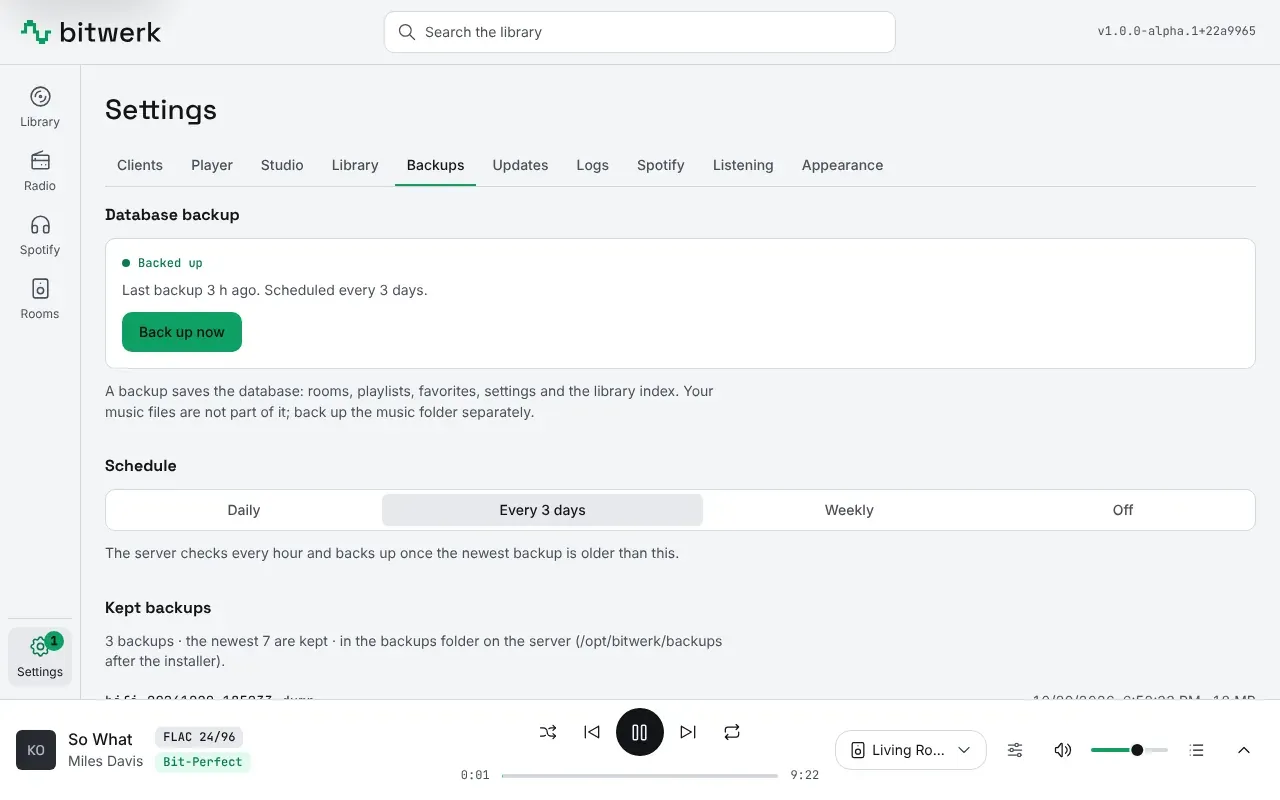 Settings → Backups in the web UI: status "Backed up" with the time of the last backup and the button "Back up now", the schedule (daily, every 3 days, weekly, off) and the list of kept backups