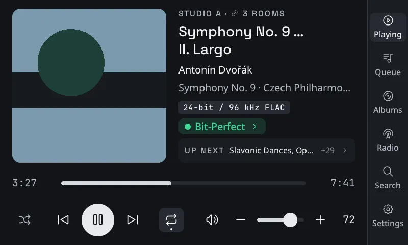 The touch display of a bitwerk player in Studio A, linked with three rooms: Symphony No. 9, II. Largo by Antonín Dvořák with the badges 24-bit / 96 kHz FLAC and Bit-Perfect, Up next, transport, volume and the tabs Queue, Albums, Radio, Search and Settings