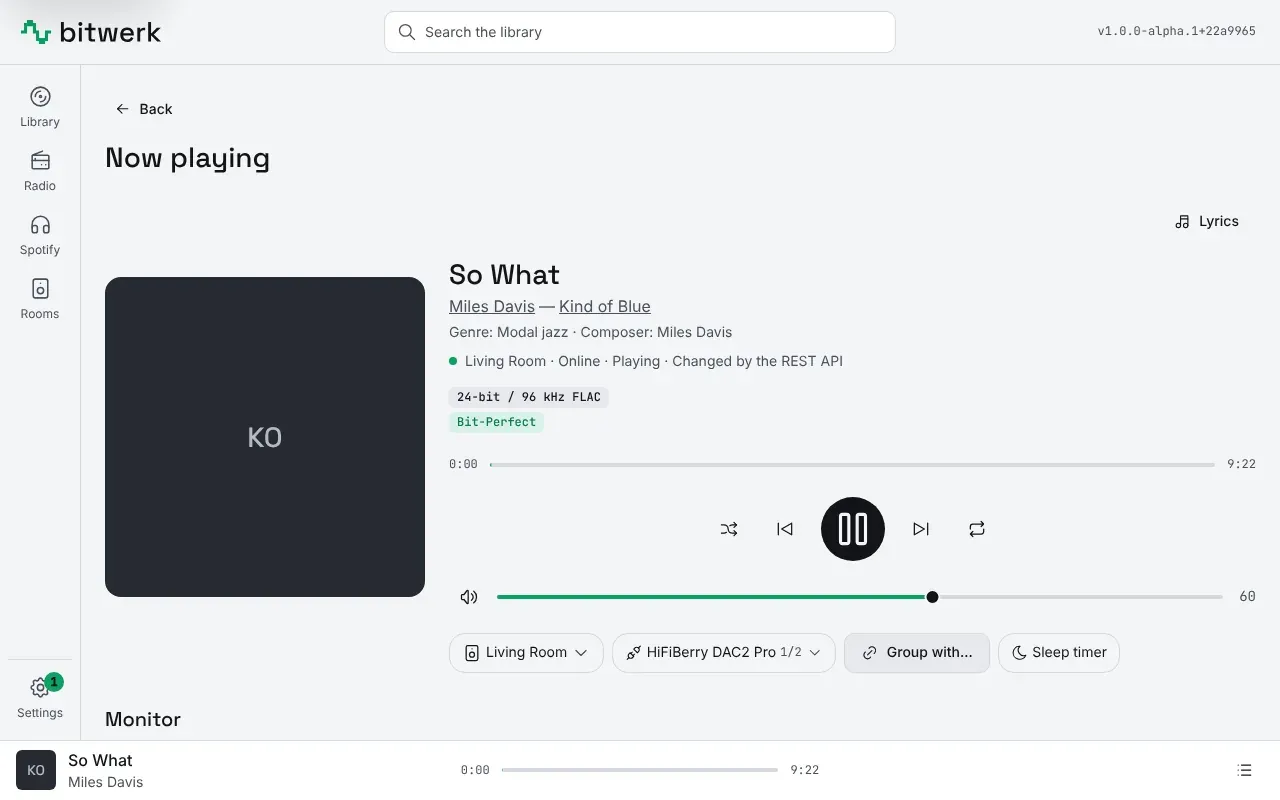 Now playing in the bitwerk web UI: So What by Miles Davis in the Living Room, with the badges 24-bit / 96 kHz FLAC and Bit-Perfect, the transport, volume and the room and DAC buttons